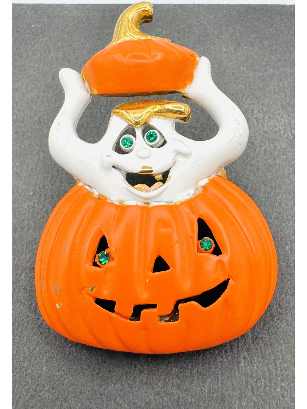 Vintage Danicraft Halloween white ghost and orange pumpkin enameled pin/ brooch